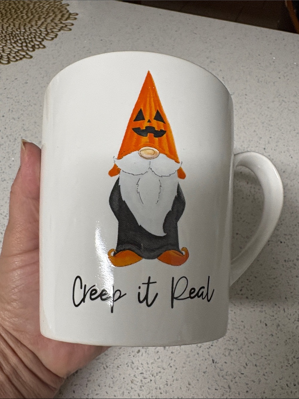 Creep It Real Halloween Gnome Mug - White with Orange & Black